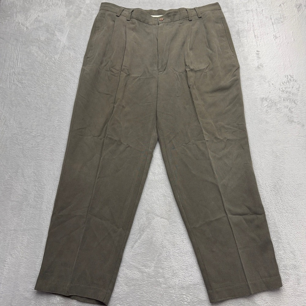 Caribbean Pants Mens 38x29 Olive Silk Linen Blend Pleated Front Classic Trousers